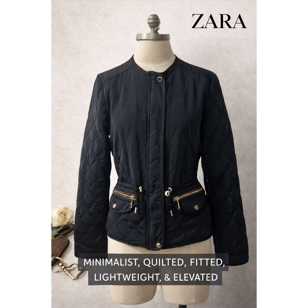 Zara Blue Quilted Jacket Minimalist‎ Fitted Gold Hardware Lightweight Size 4